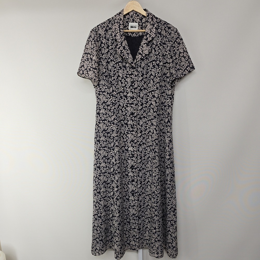 Vintage Leslie Fay Women 16 Black Floral Butterfly Midi Shirt Dress Short Sleeve